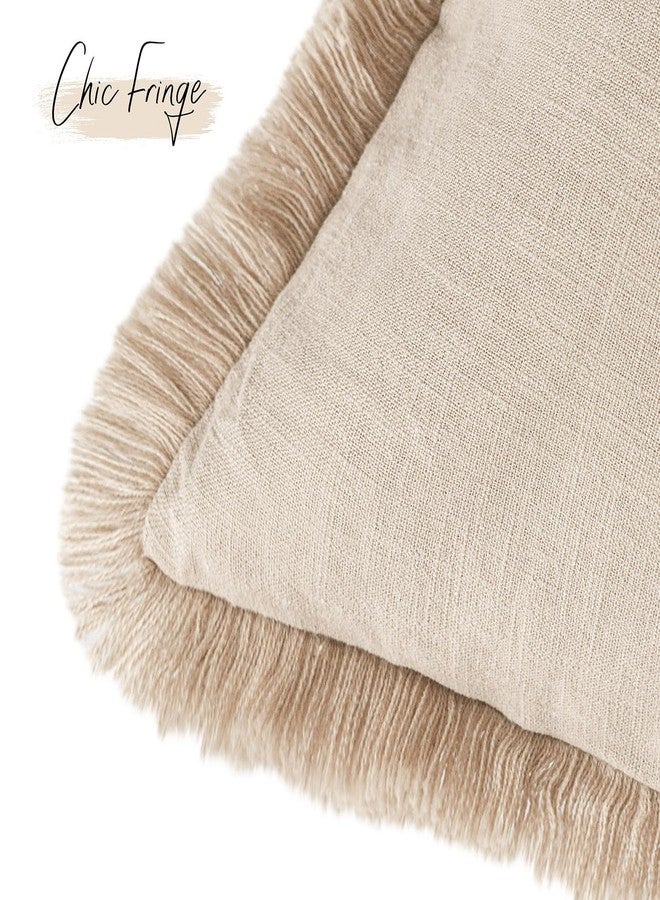 Foindtower Set of 2 Decorative Linen Fringe Throw Pillow Covers Boho Farmhouse Cushion Cover with Tassels Accent Pillowcase for Couch Chair Sofa Bed Living Room Home Decor,22×22 Inch,Tan Beige - Image 3